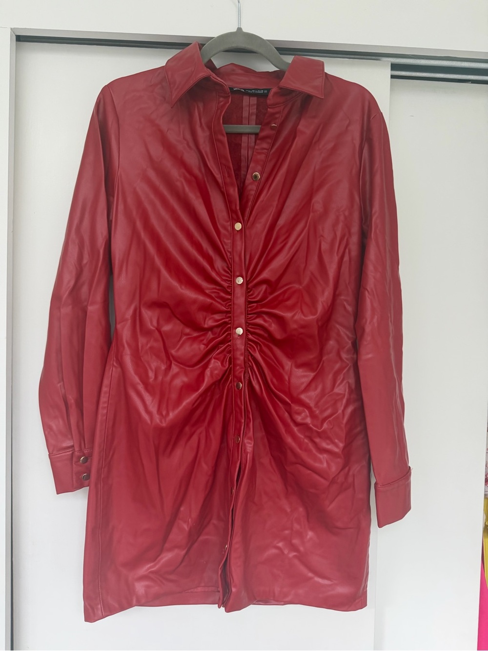 Red Faux-Leather Ruched Button down dress